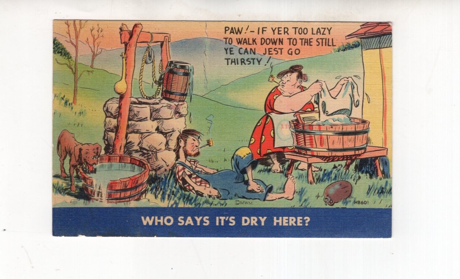 circa 1940 hillbilly humor postcard, Who Says it\'s dry here?