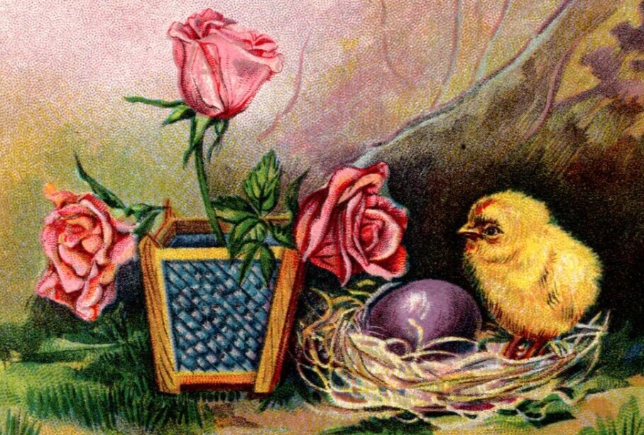 c1911 Loving Easter Greetings Colorful Scene w/ Chick & Flowers ANTIQUE Postcard