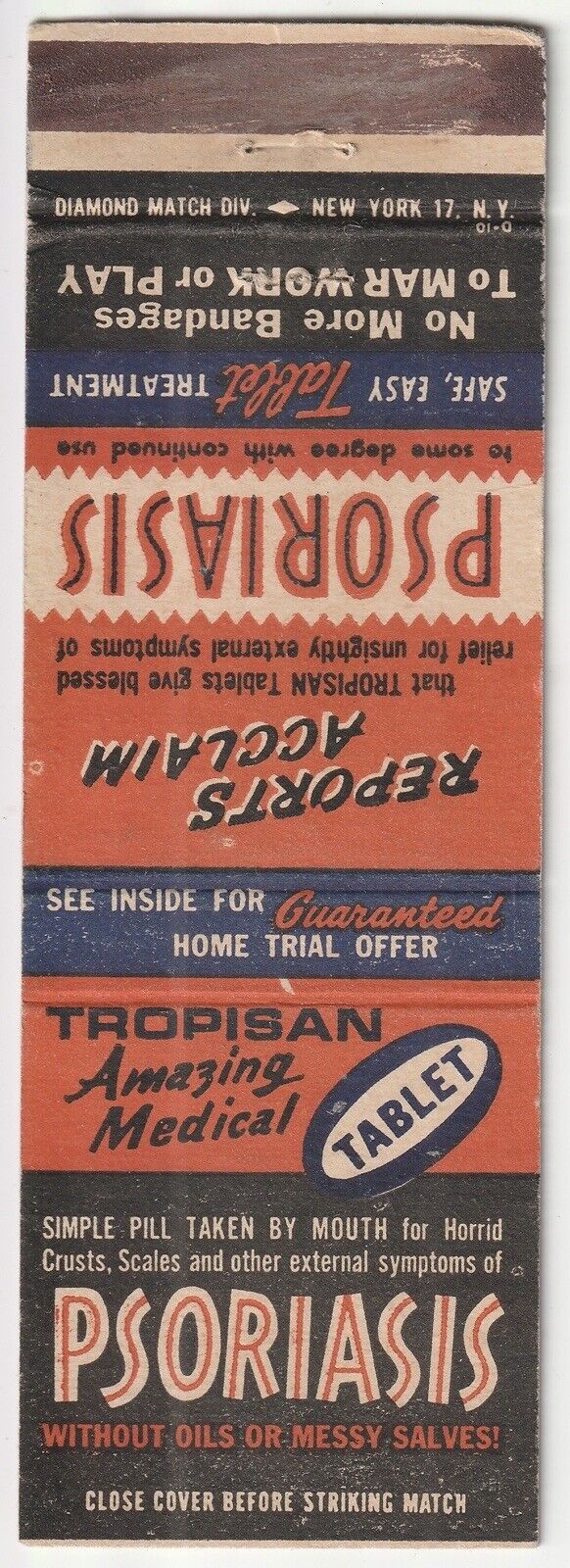 c1940s-50s~Tropisan Psoriasis Pill~Vintage Advertisement~Matchbook Cover