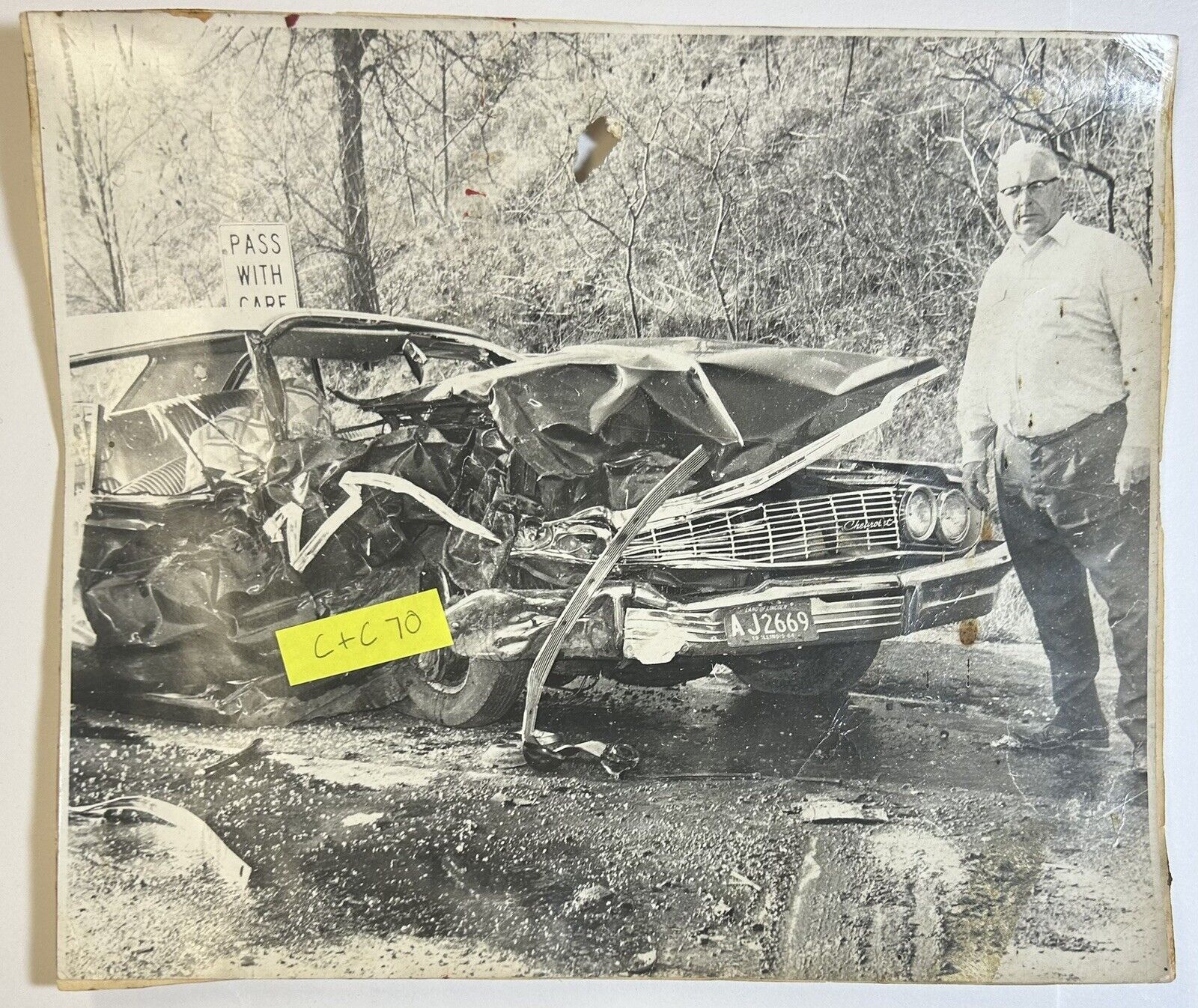 Black & White Chevrolet Car Crash Photo, 1965, Rough Condition