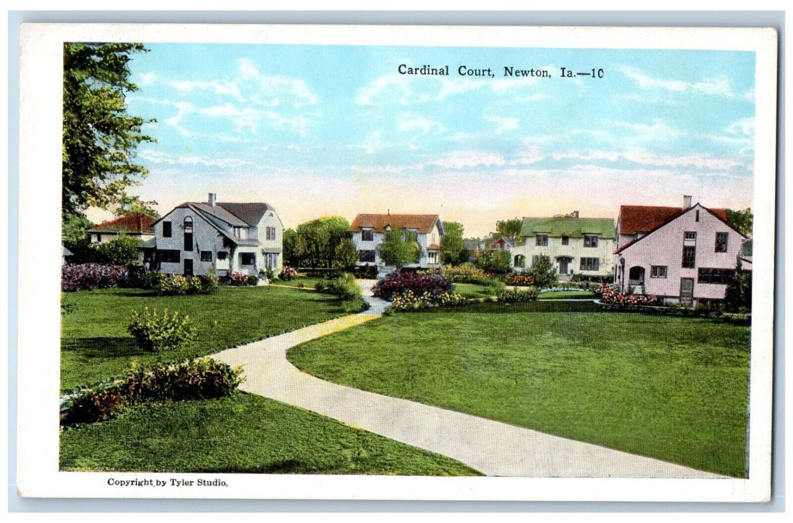 Newton Iowa AI Postcard Cardinal Court Garden Houses Trees Scene Vintage