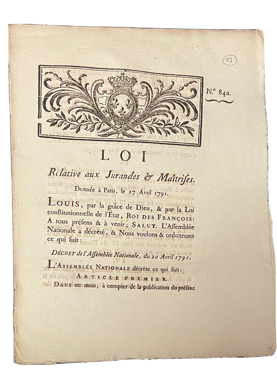 FRENCH LAW Paris April 27, 1791 Relating to Jurandes