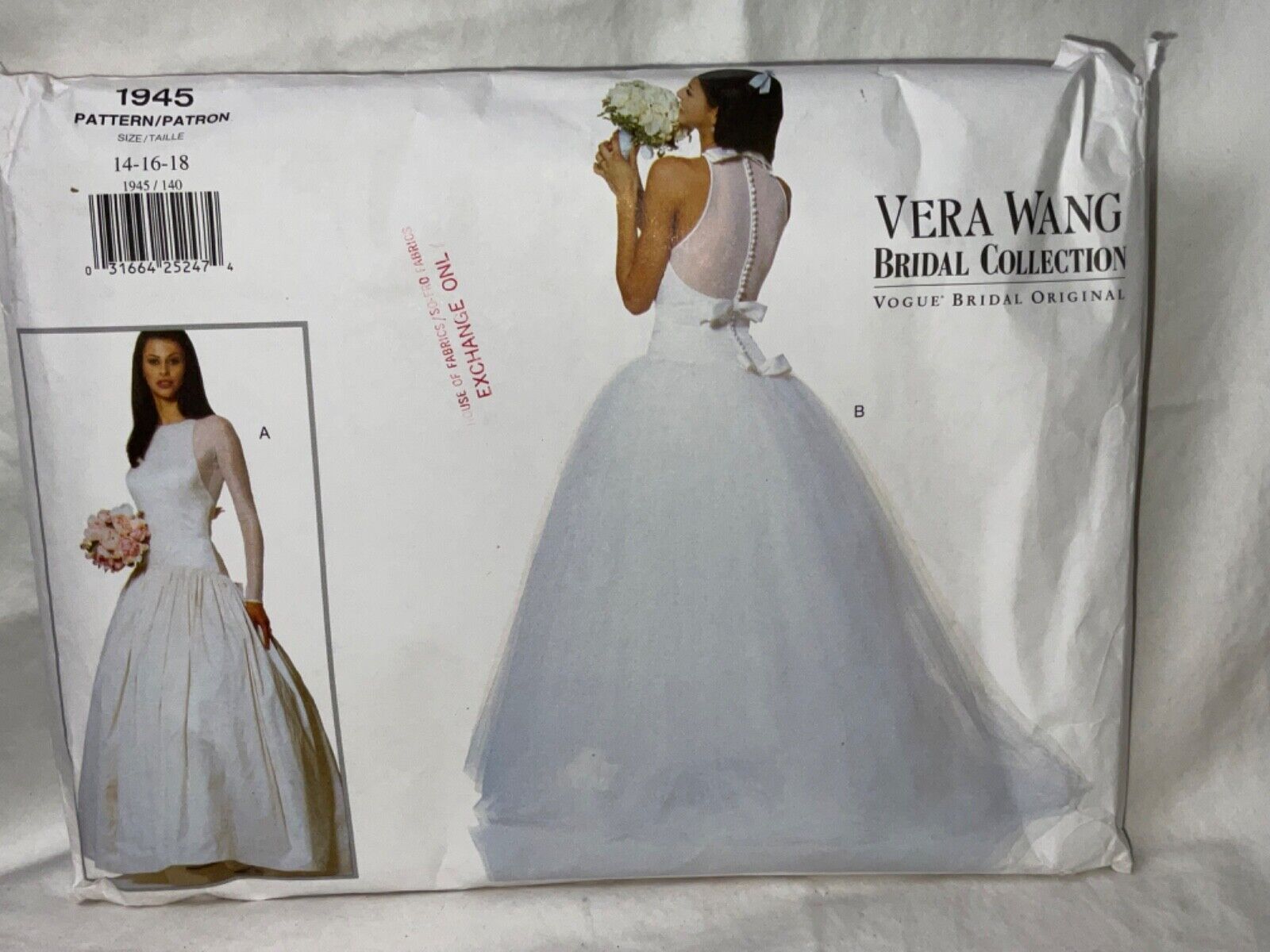 Vera Wang #1945 Vogue Bridal Original Pattern Wedding Dress Uncut Size 14-16-18