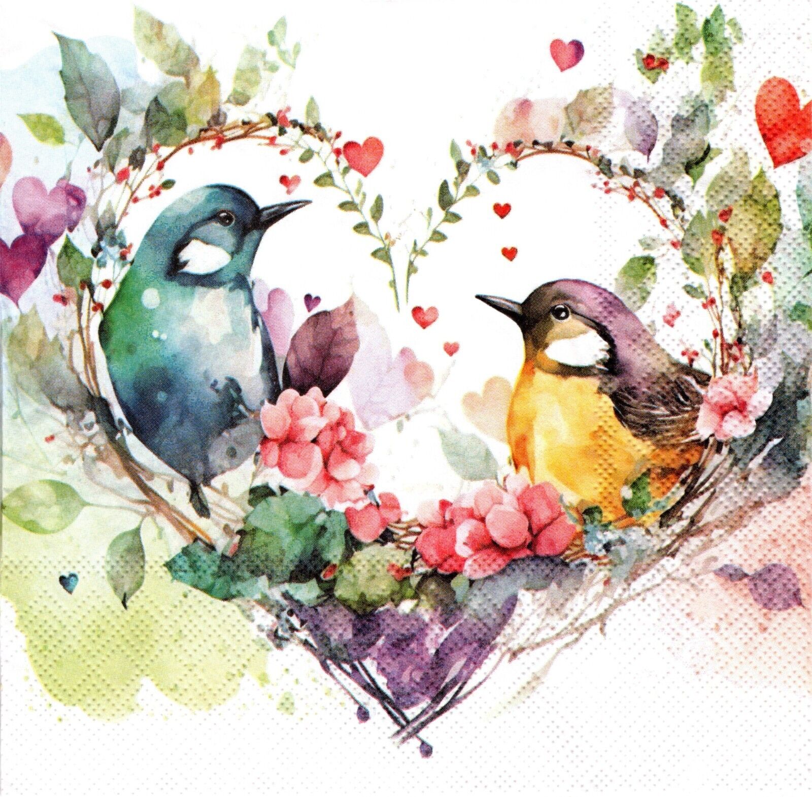 (2) Two Paper Lunch Napkins for Decoupage/Mixed Media - Loving Birds in Heart