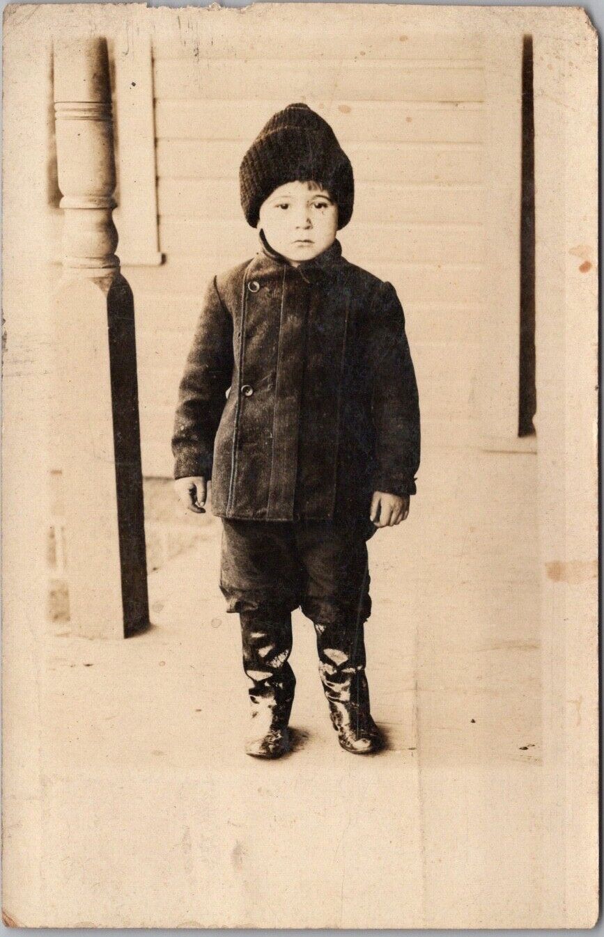 1910s RPPC Photo Postcard Little Boy in Winter Clothes / Martins Ferry OH Cancel