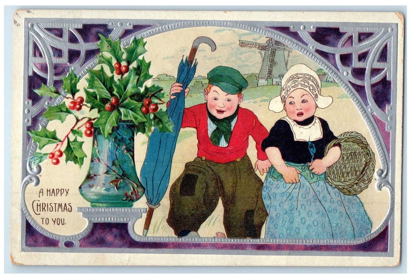 1908 Christmas Dutch Kids Holly Berries Umbrella Embossed Antique Postcard
