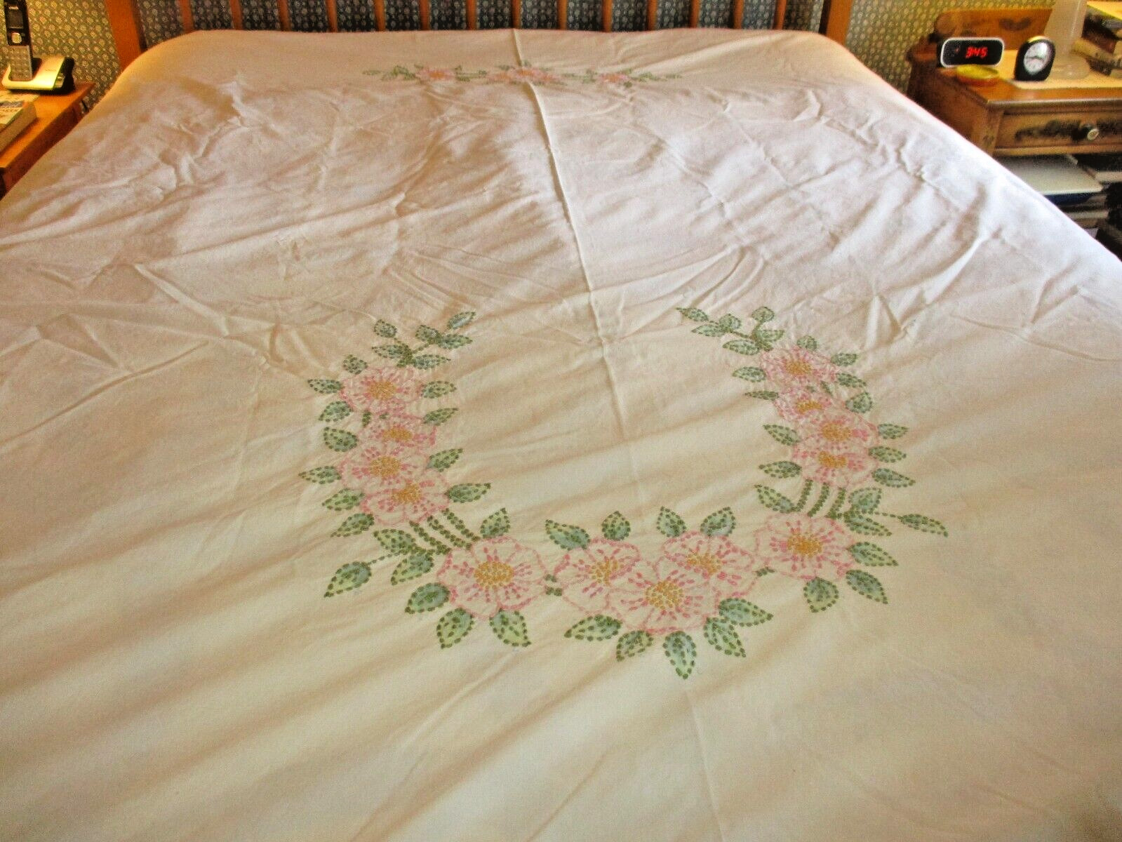 Vintage/Antique  hand floral  embroidered cotton twin bed coverlet