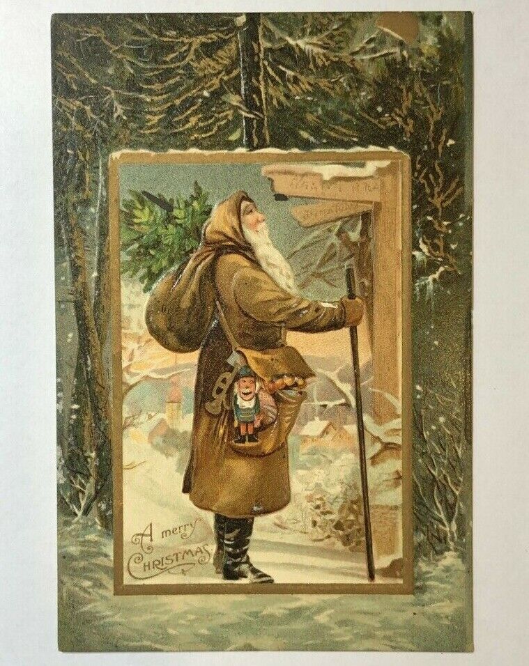 c 1910 Brown Robe SANTA Claus CHRISTMAS Emboss FOREST Postcard ANTQUE GERMANY EX