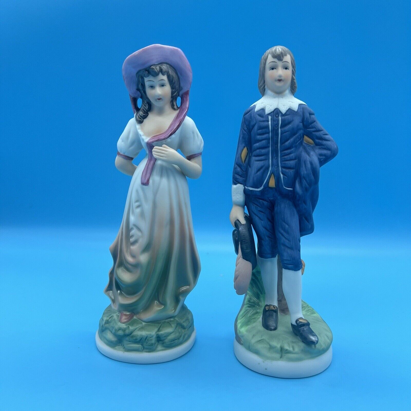 Vintage Blue Boy & Pink Girl Figurines Hand Painted Fine Porcelain Taiwan fbia