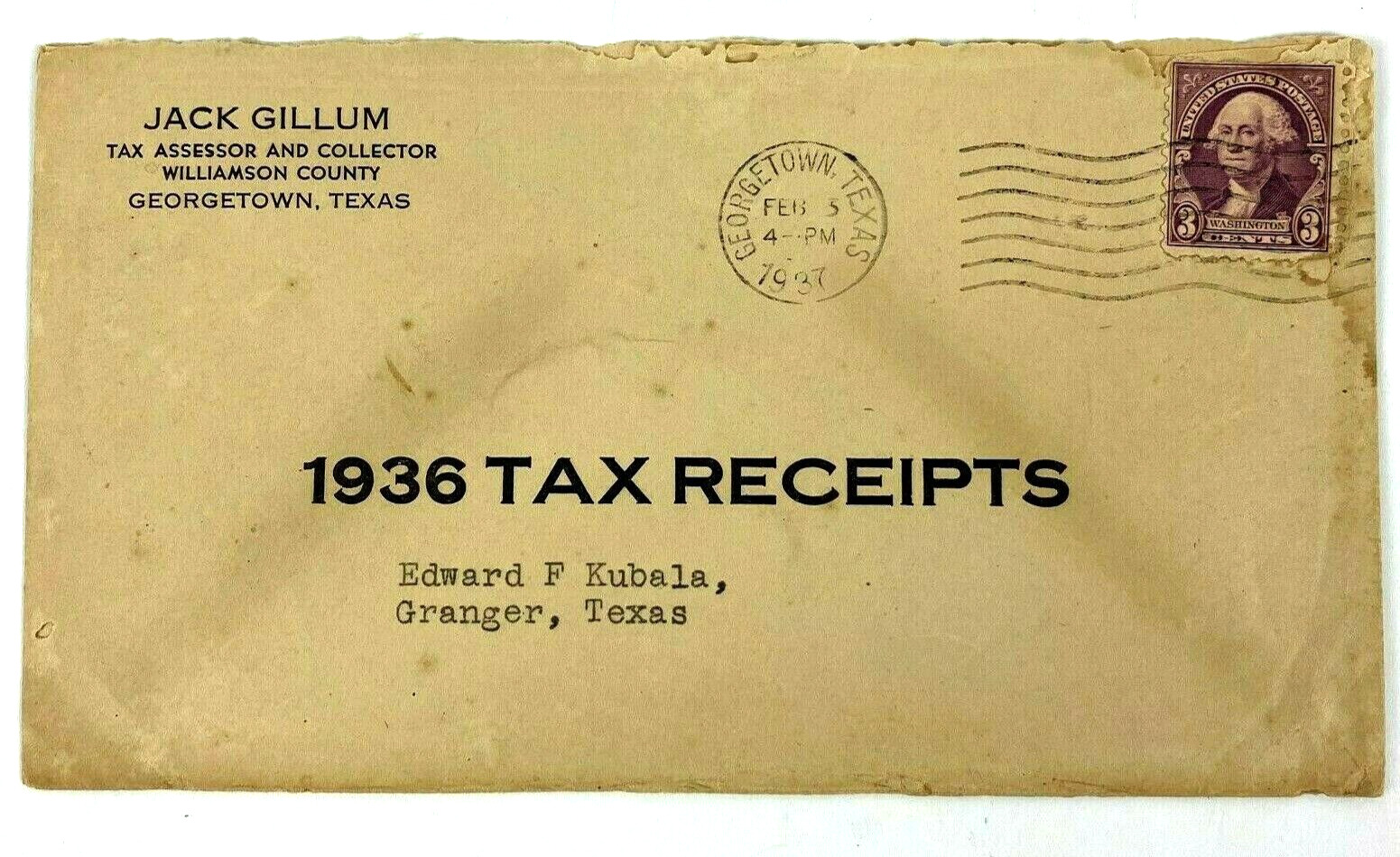 1936 Tax Collector Envelope Georgetown Texas 3 Cent Washington Stamp Vtg