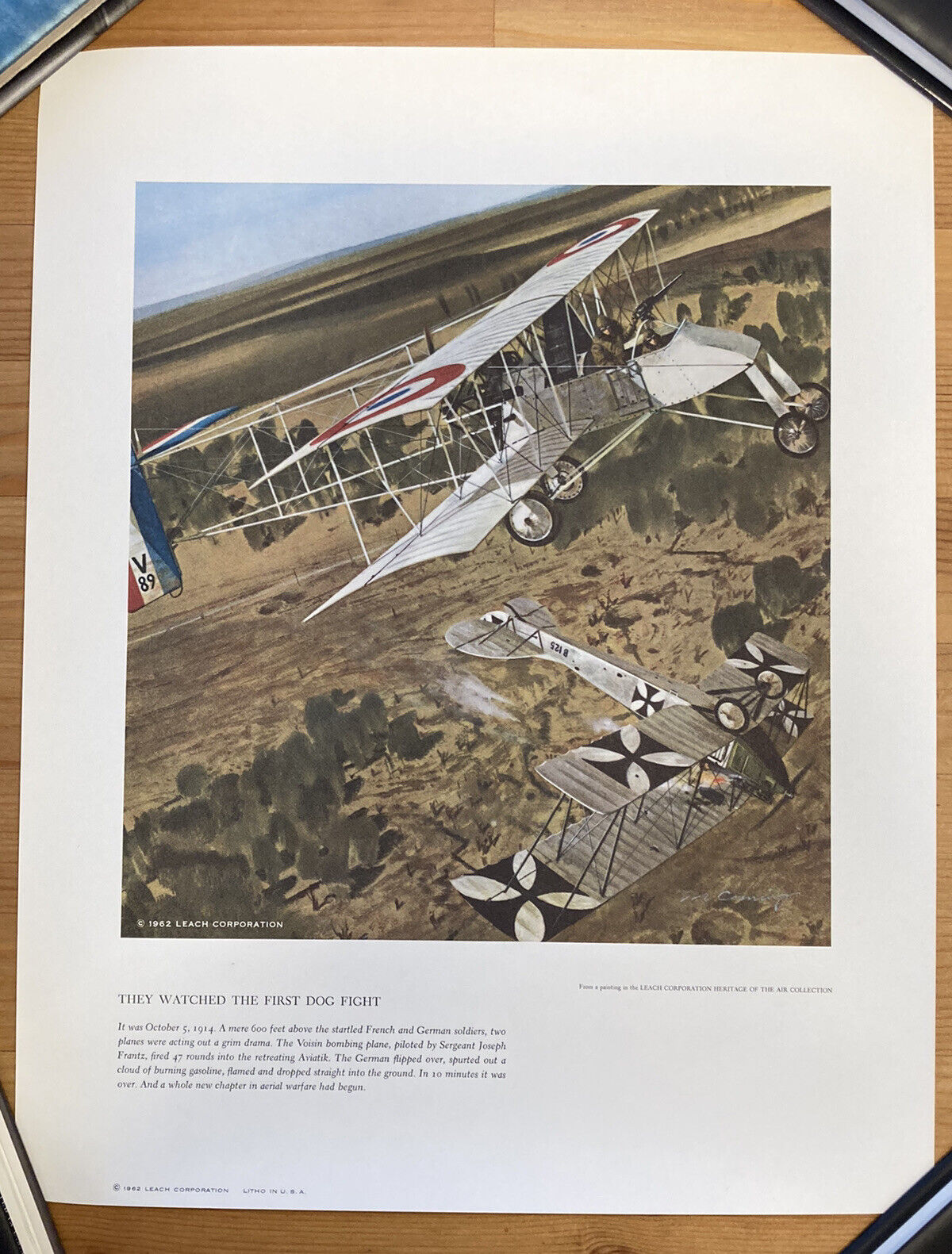 Vtg 1962 VOISIN BOMBER Military Airplane Dog Fight MERV CORNING Litho Print 60s