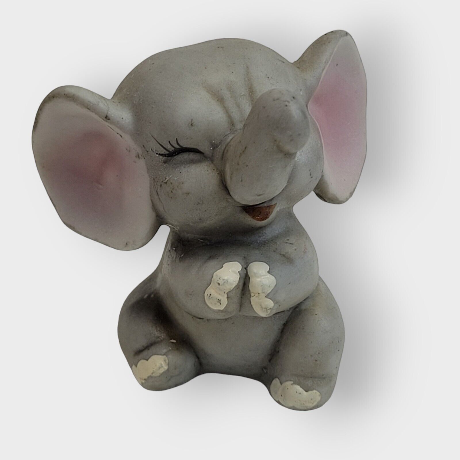 Vintage Enesco Baby Elephant Figurine Gray Pink Ceramic Decoration Trunk Up