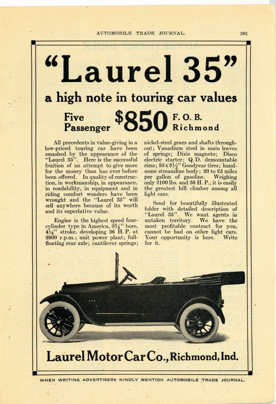 1916 Laurel Motor Car Co. Ad: Laurel 35 Model - Richmond, Indiana
