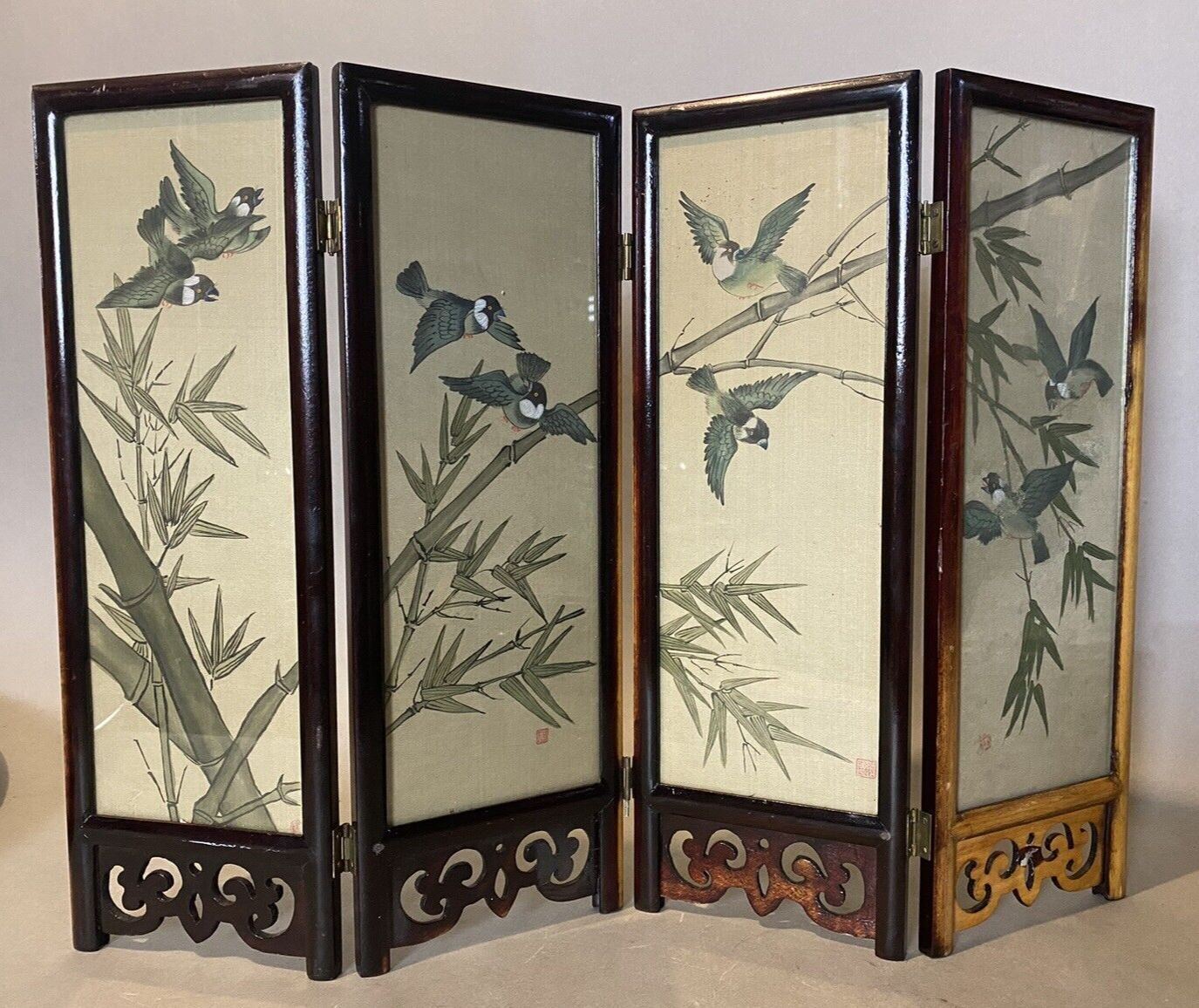 Vintage Oriental Scenic Folding Table Screen with Landscapes & Birds