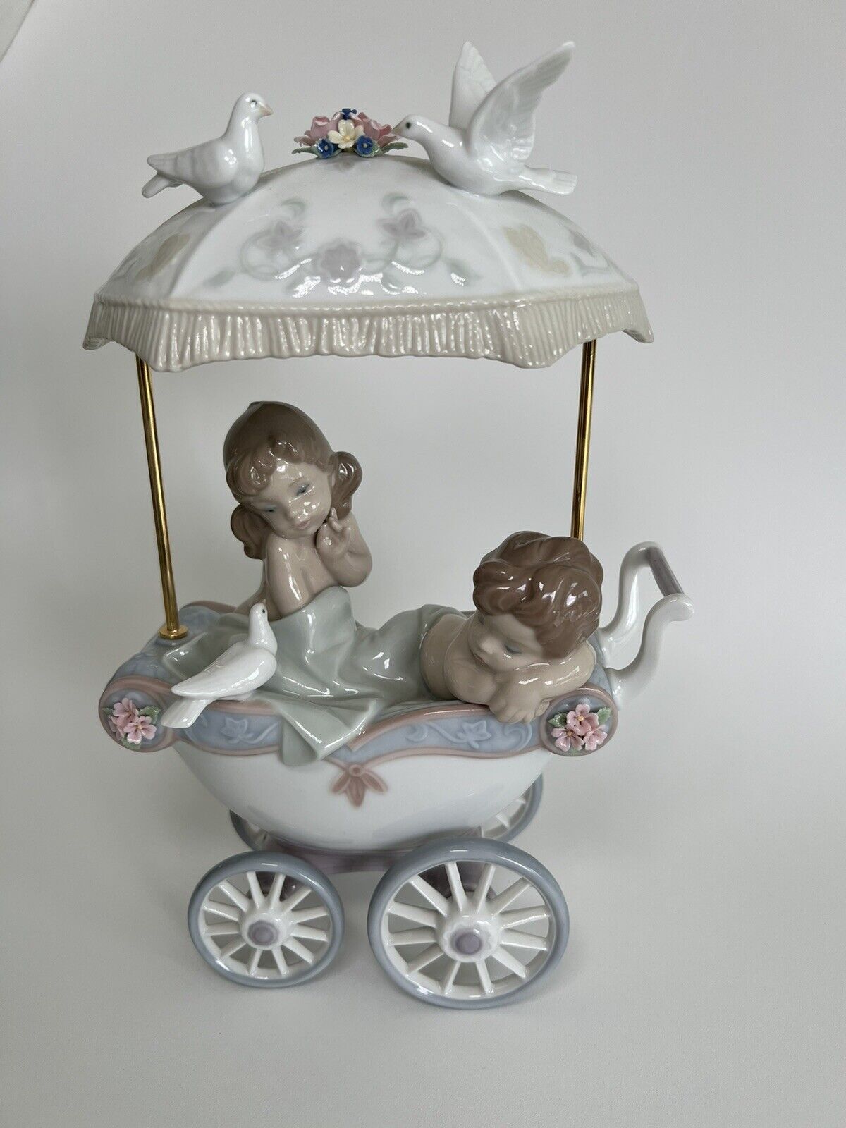 Lladro Shhh...Let Him Sleep Children in a Carriage Large Rare Figurine.