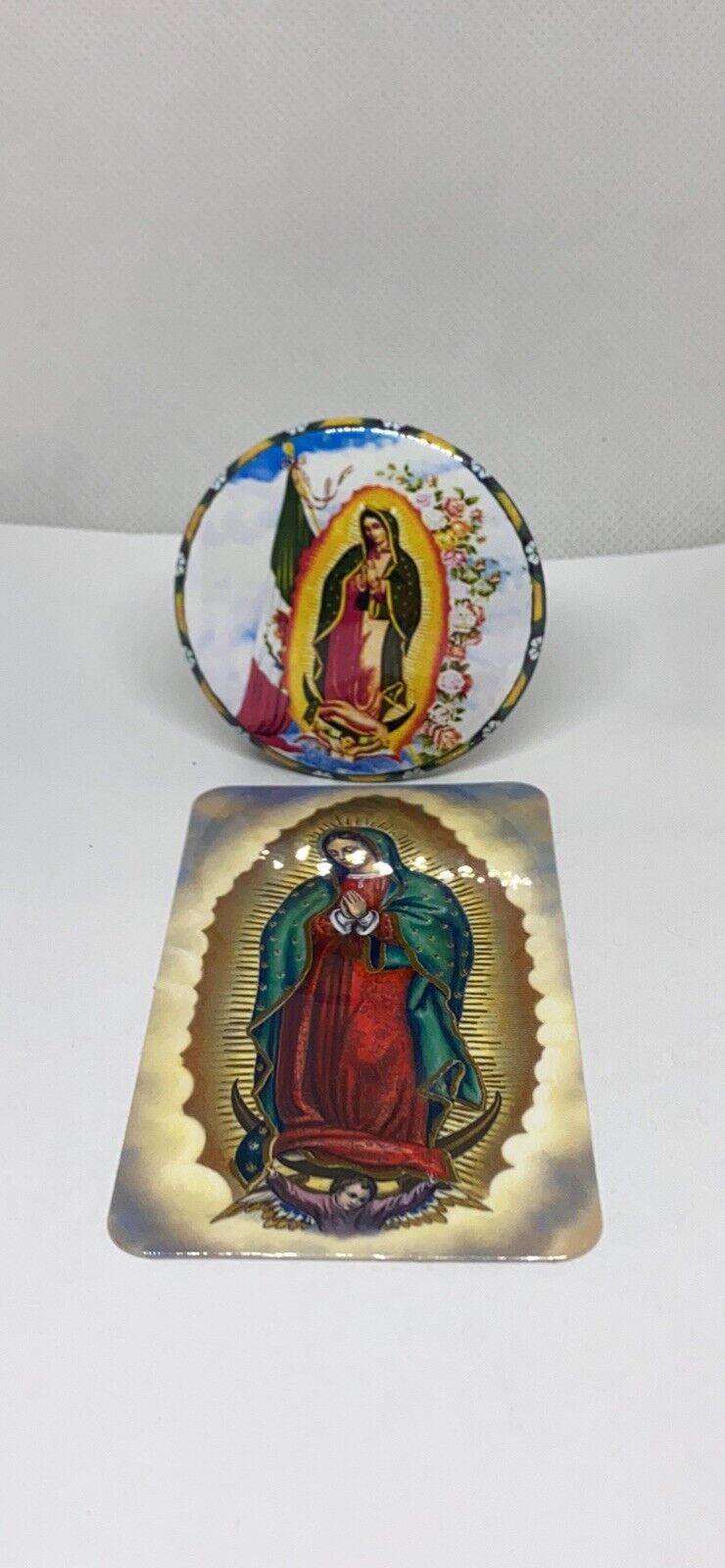 Pin Boton 2.5” Virgen de  Guadalupe Con Bandera Mexixo  con Estampa con Oracion