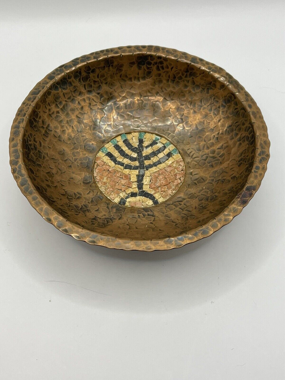 David Malka (Israel) Small Hammered Copper Bowl Mosaic Cut Stone Signed 6 Inch