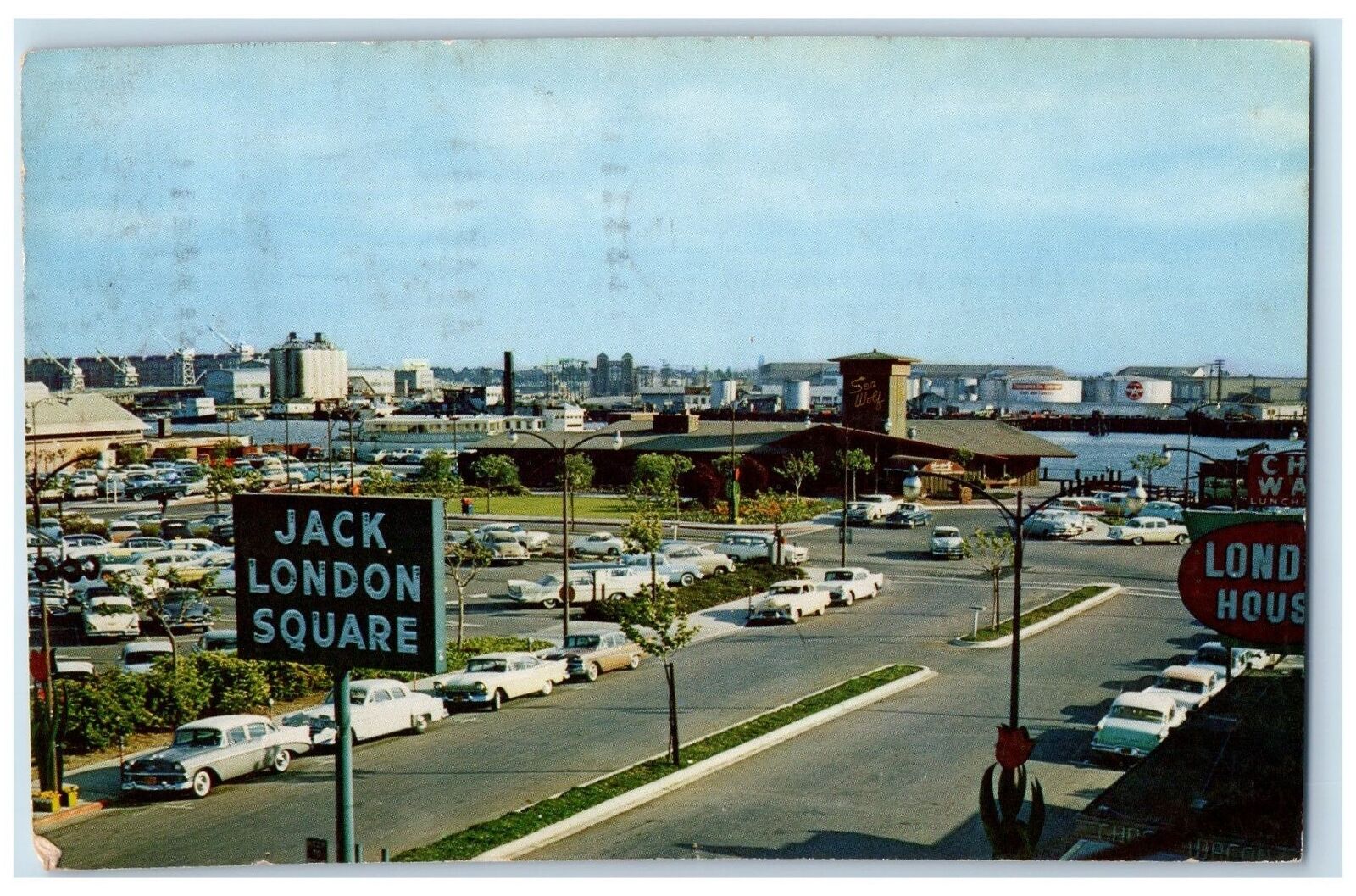 1962 Jack London Square Restaurant Car Over View Oakland California CA Postcard