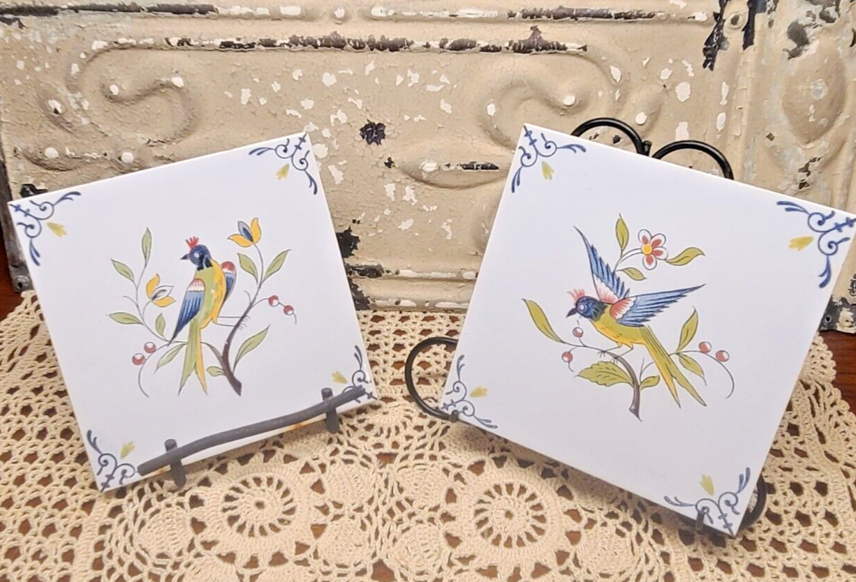 2 Antique French Salvage Hand Painted Ceramic Bird Tiles