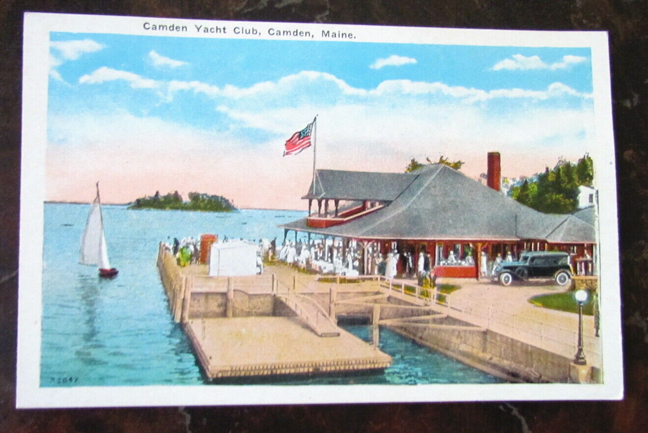 Camden Yacht Club Camden Maine Vintage Postcard people flag sailboat car