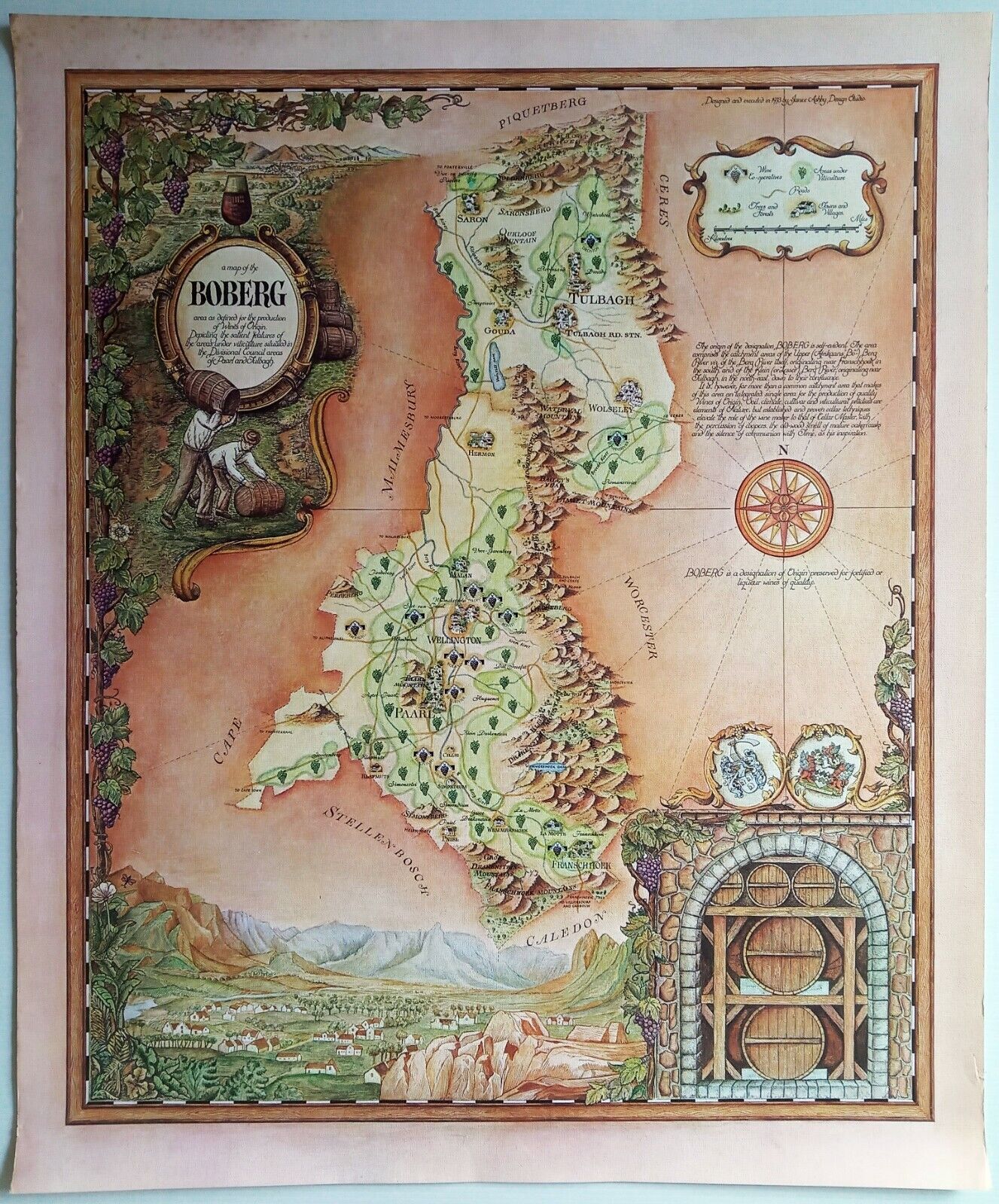 Rare 1973 South Africa Boberg Janice Ashby Vinyard Wine Region Pictorial Map