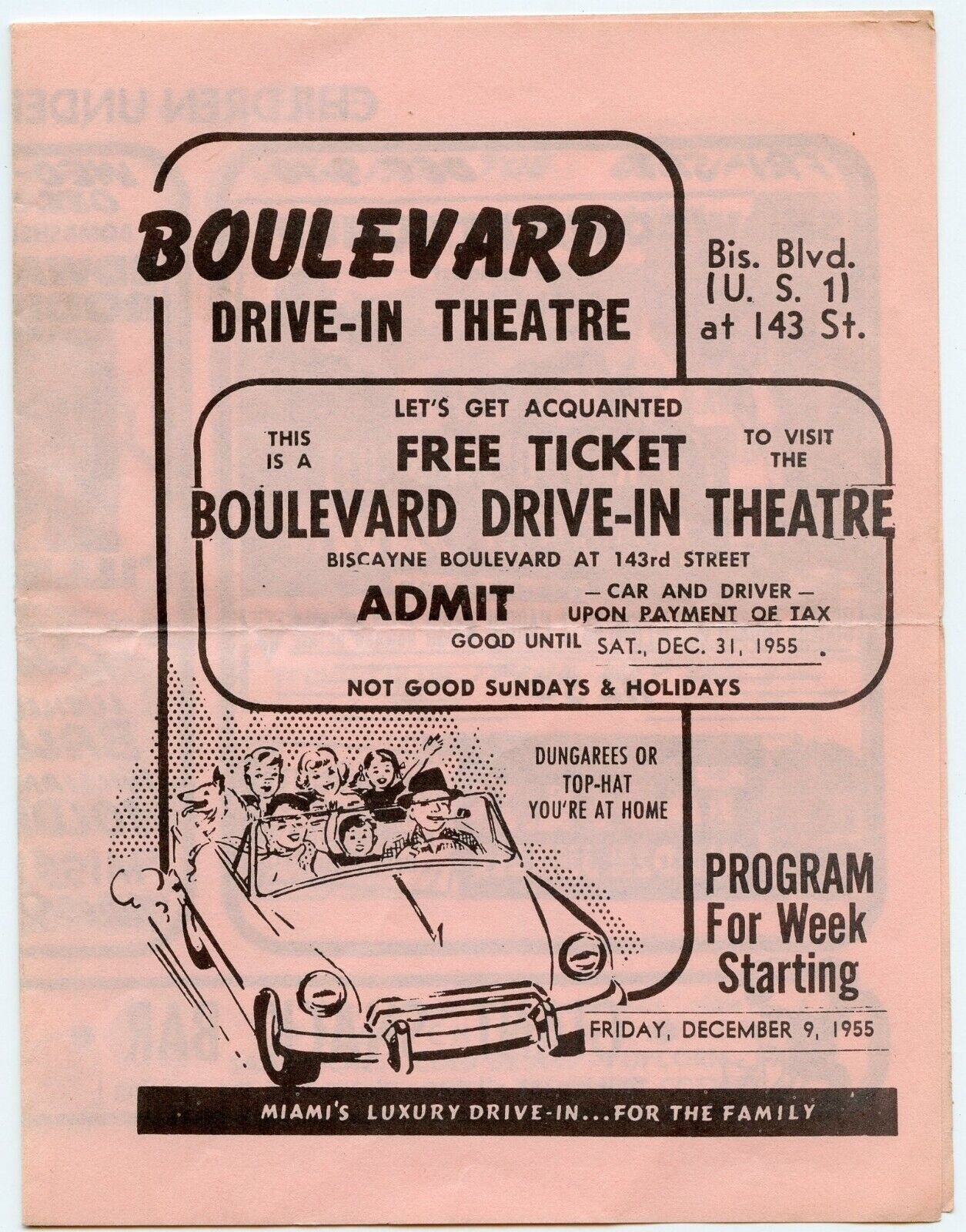 December 9, 1955 Movie Program BOULEVARD DRIVE-IN THEATRE Biscayne Blvd Miami FL
