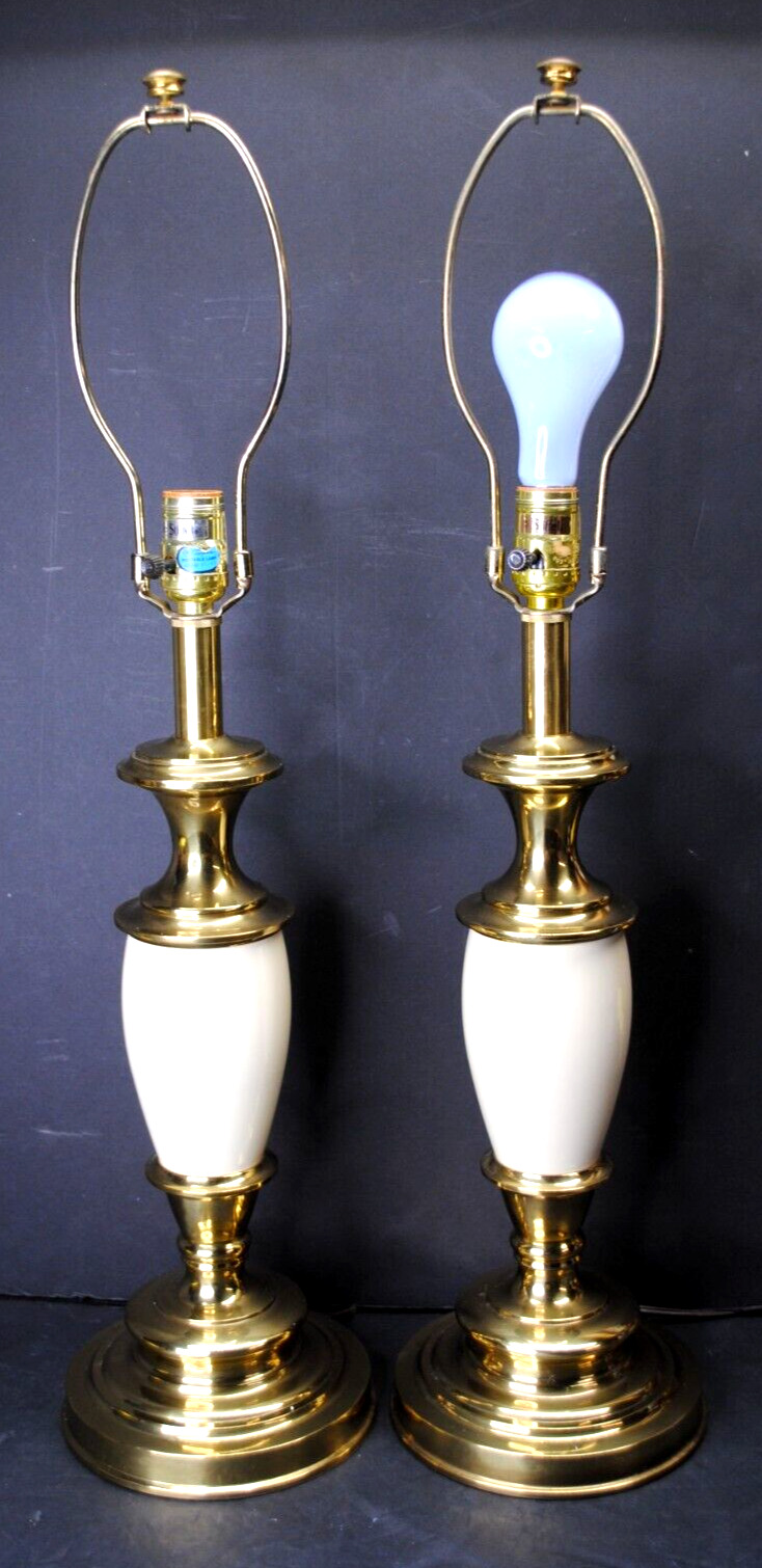 PAIR VINTAGE STIFFEL BRASS 3-WAY TABLE LAMPS WITH PORCELAIN STEMS #6199
