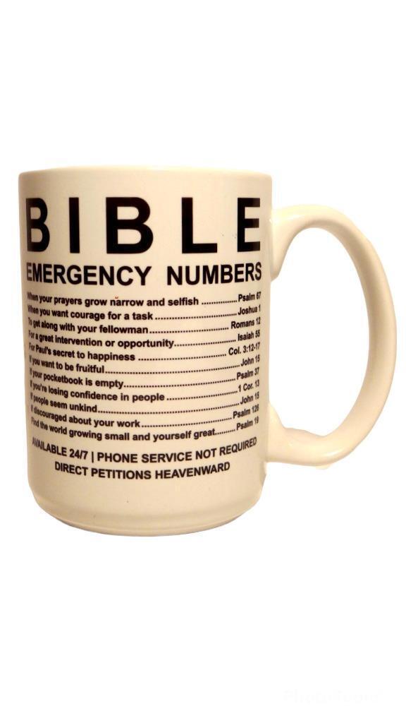 Christian Bible Verse Emergency Numbers Mug Coffee Tea Cup Religious Gift