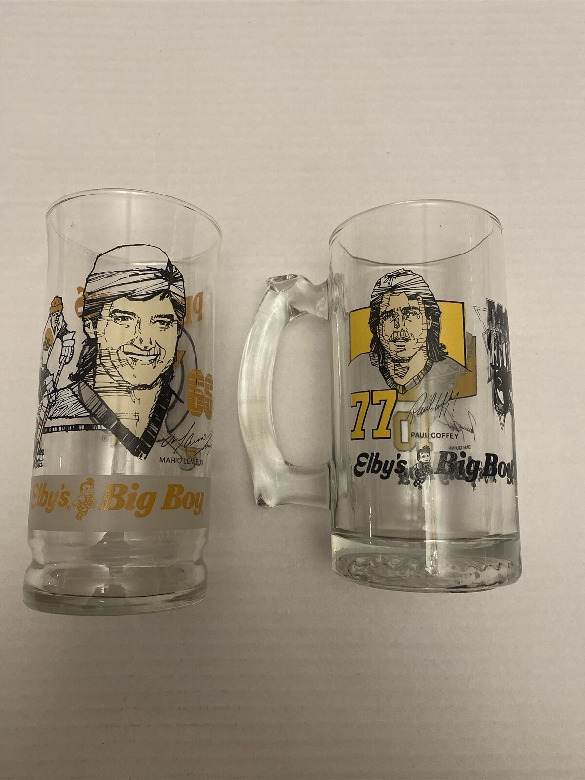 1990's Elby's Big Boy Pittsburgh Penguins Drinking Glass set Lemieux Coffey Quin