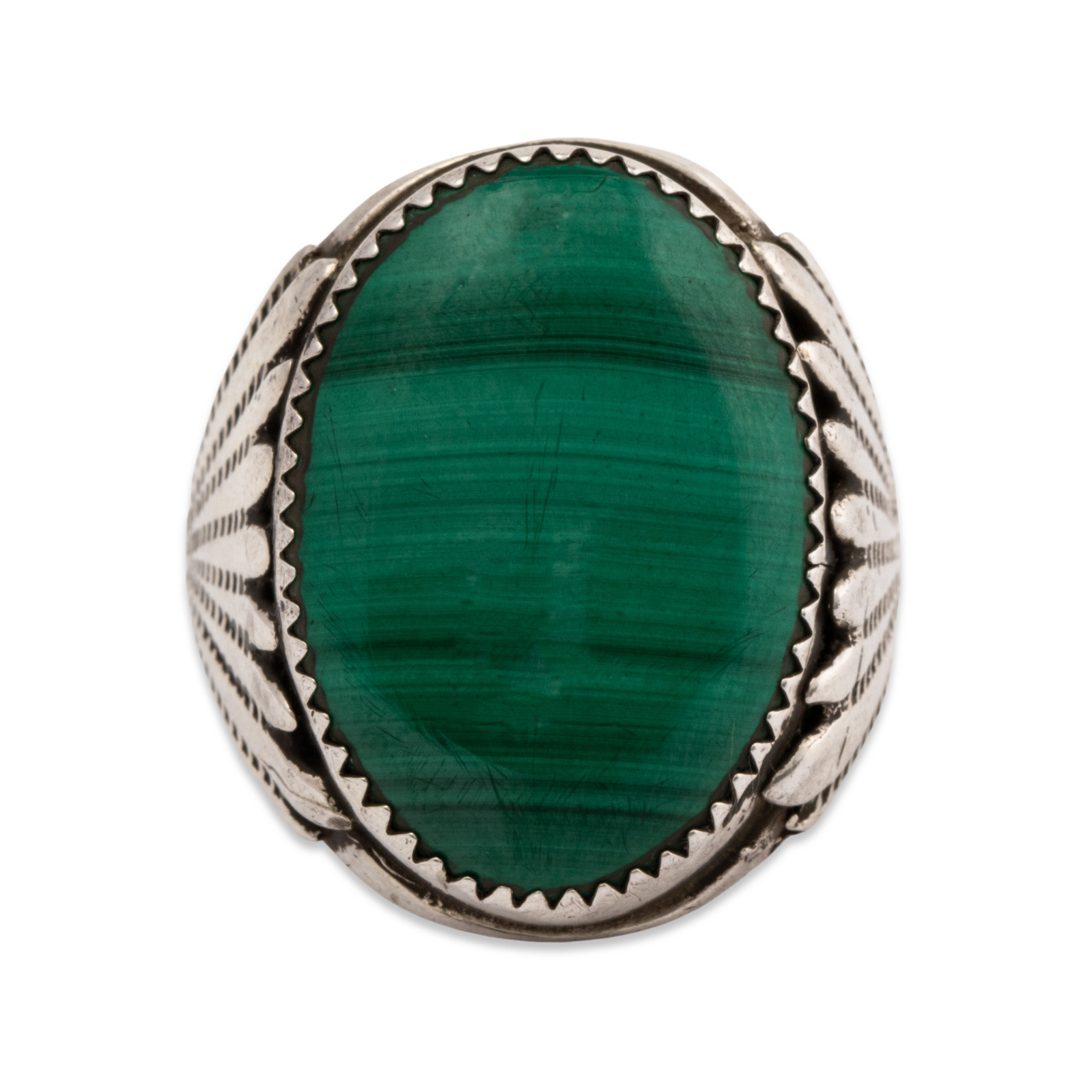 LARGE NATIVE AMERICAN STERLING SILVER MALACHITE APPLIED RING 10.25