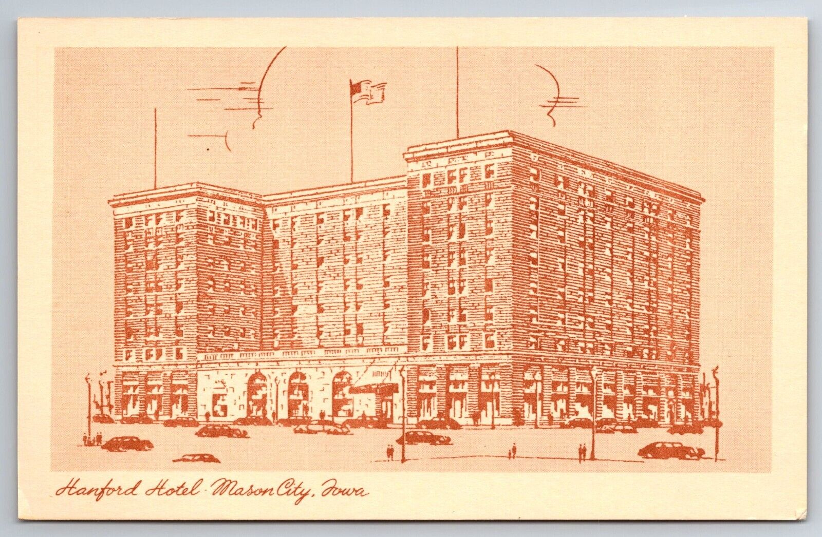 Vintage Postcard IA Mason City Hotel Hanford Old Cars Artist Concept