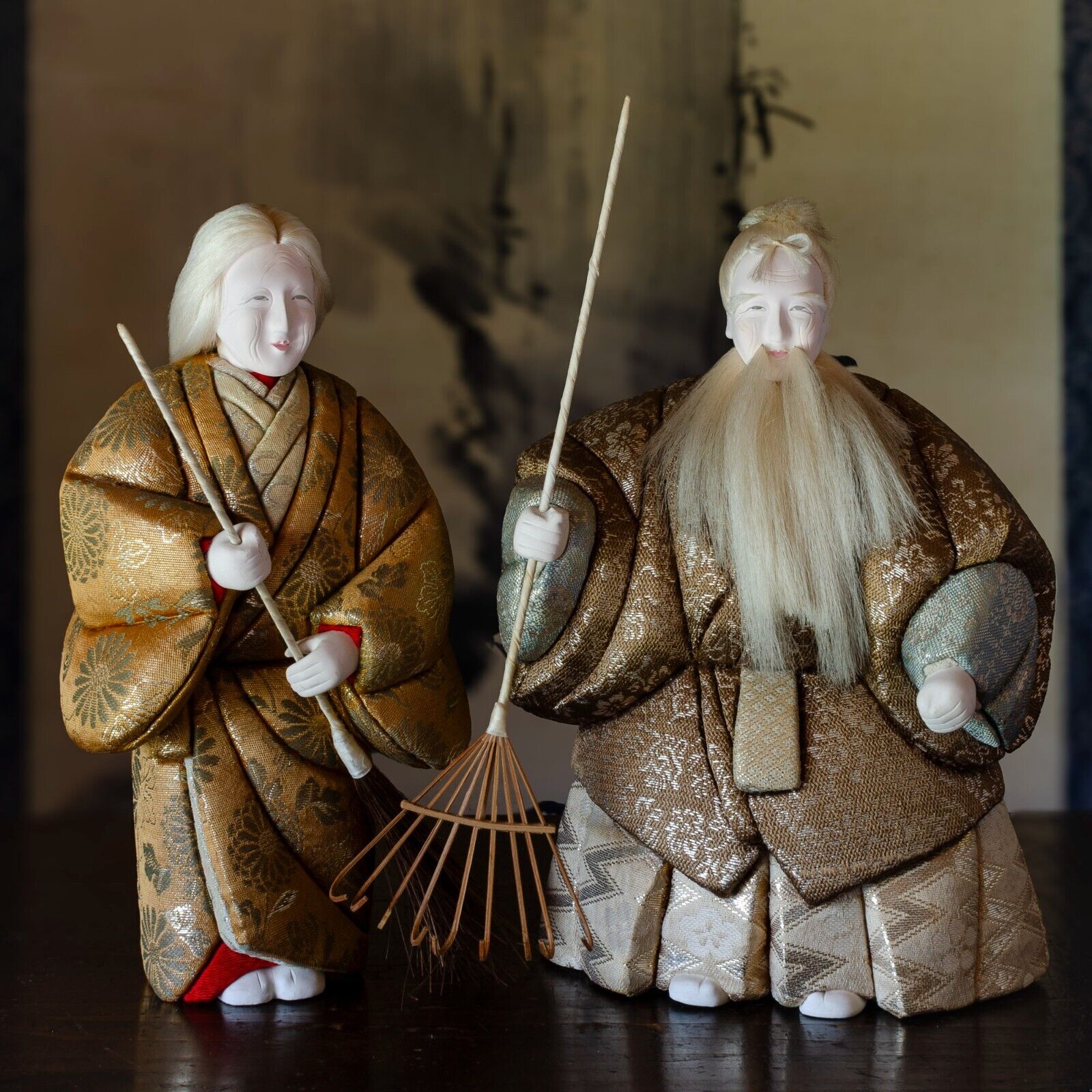 Japanese Vintage Dolls of Old Farmers, Handmade in Traditional Attire Set of Two