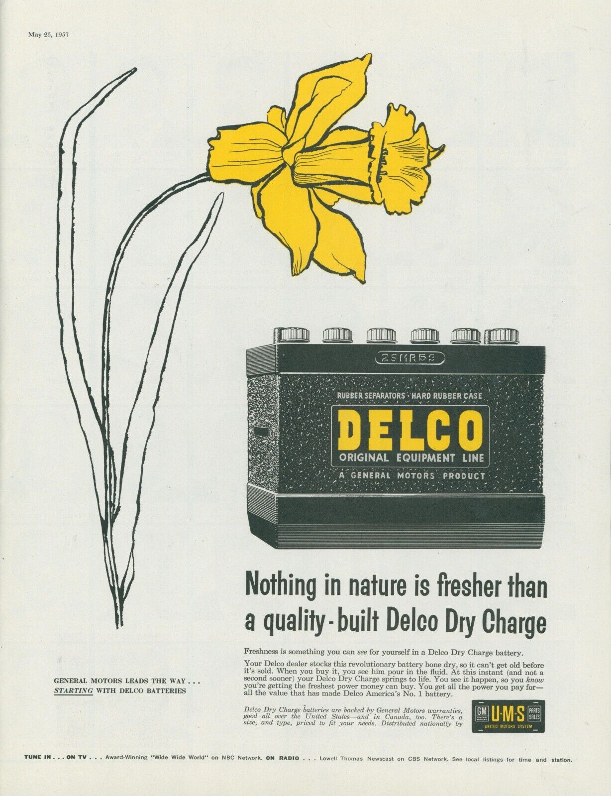 1957 Delco Battery Daffodil Nothing Fresher Nature General Motors Print Ad SP21
