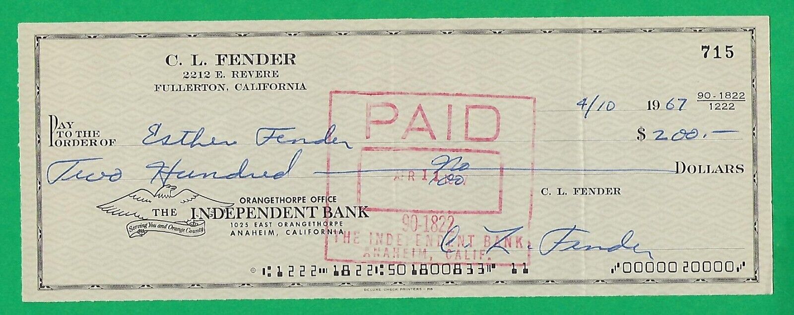 Leo Fender 1967 Signed Cancelled Business Check Made To Wife Esther Fender