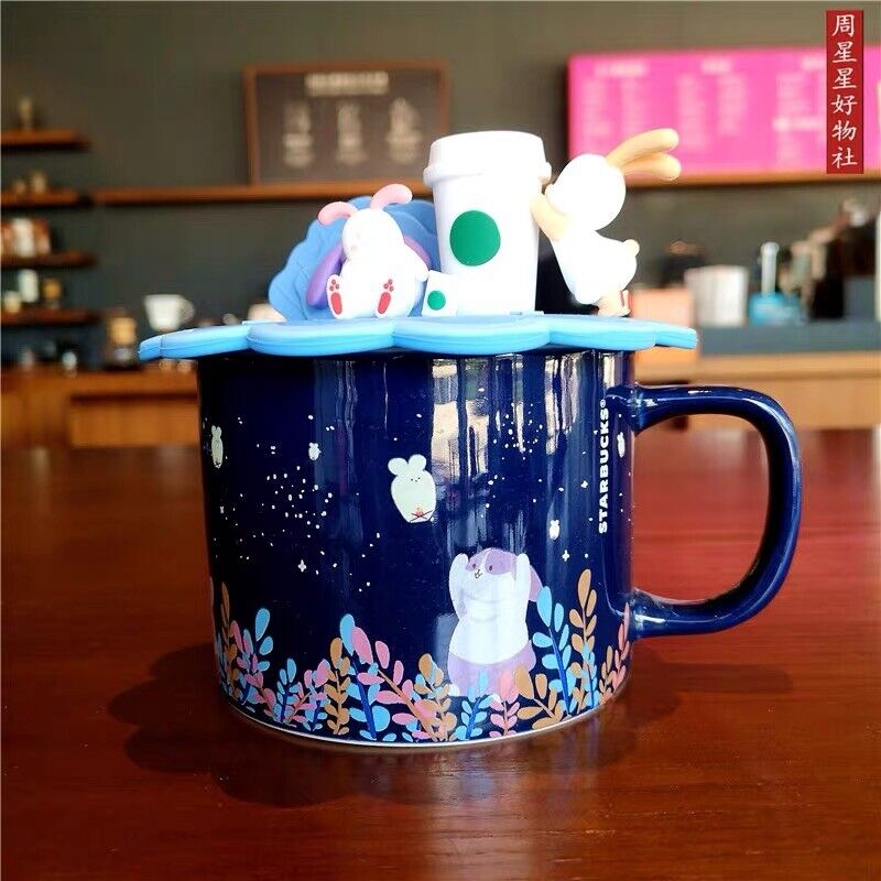 2021 New Starbucks 355ml Moon Rabbit Ceramic Mug with Lid Coffee Cup Blue Mug