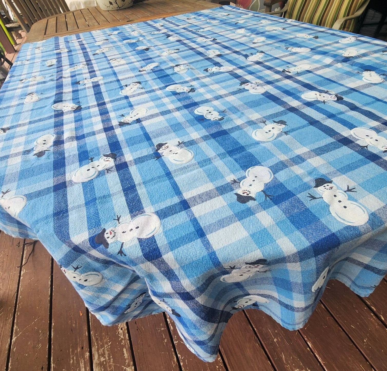 Avon Home Fashions Winter Tablecloth Blue Plaid All Over Snowman Cotton 61x48