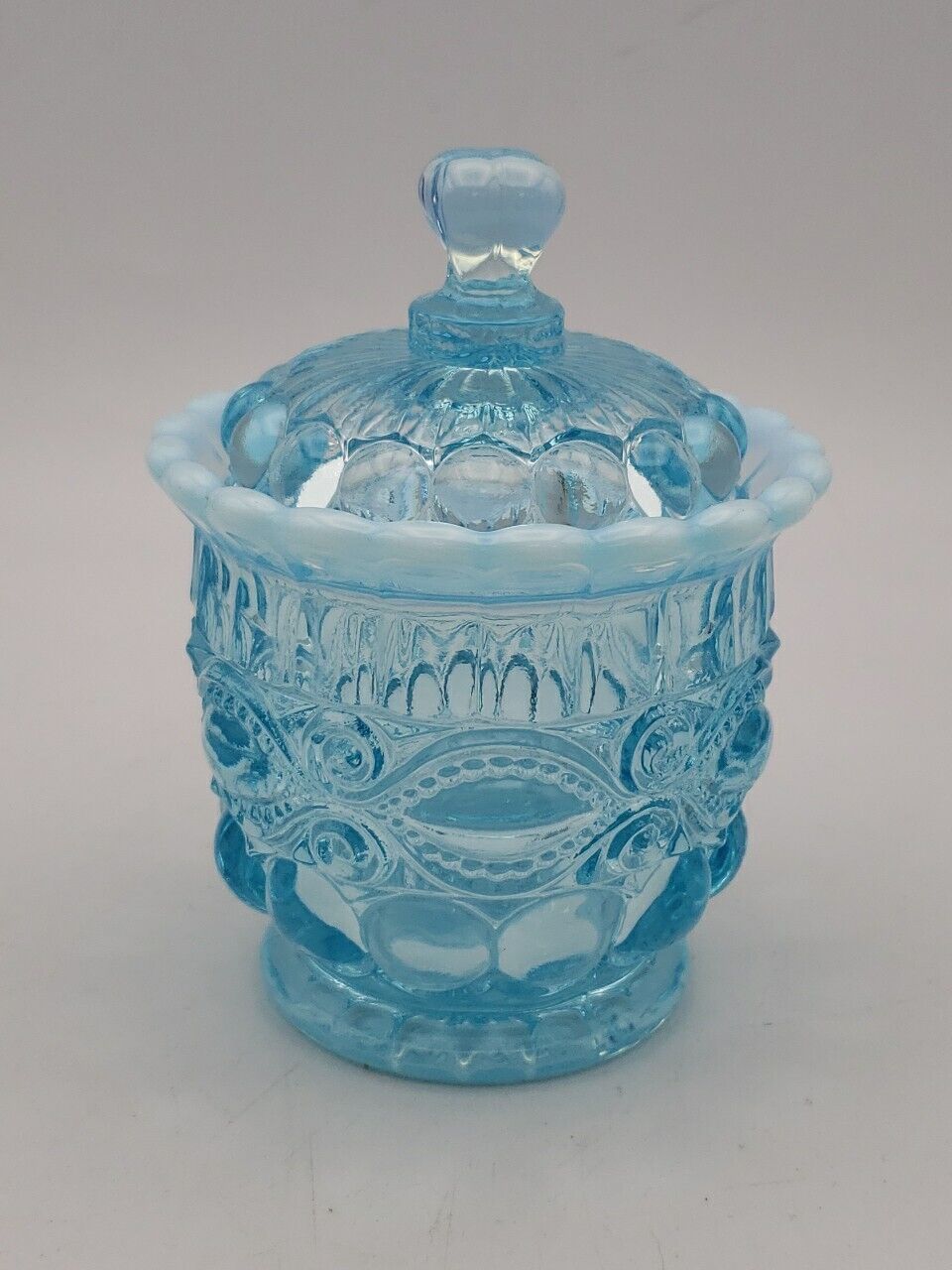 Mosser Glass Aqua Blue Opalescent Eye Winker Glass Lidded Sugar Jar Vintage #a