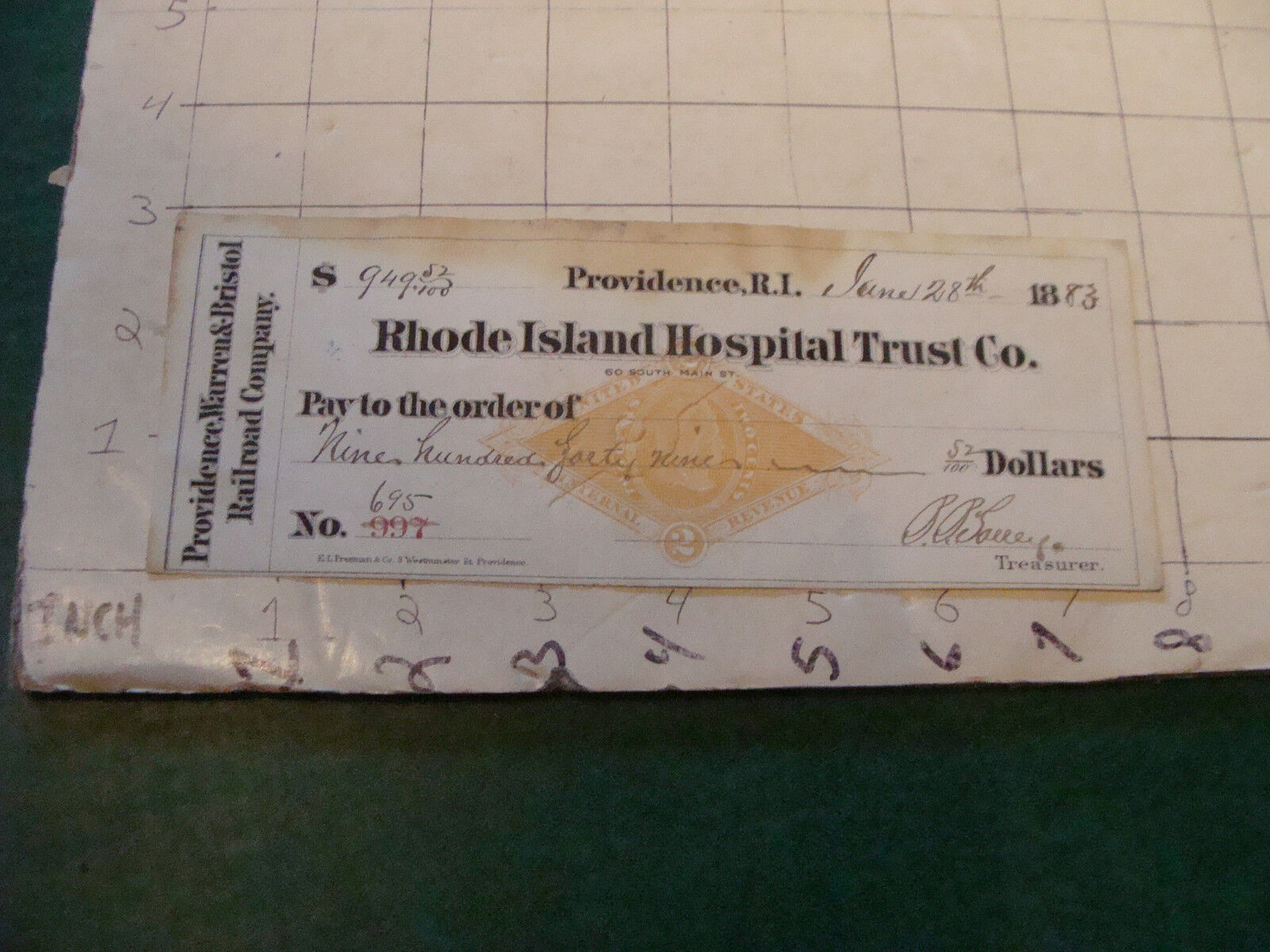 vintage CHECK(s): RHODE ISLAND HSPITAL TRUST co. Providence RI - 1883