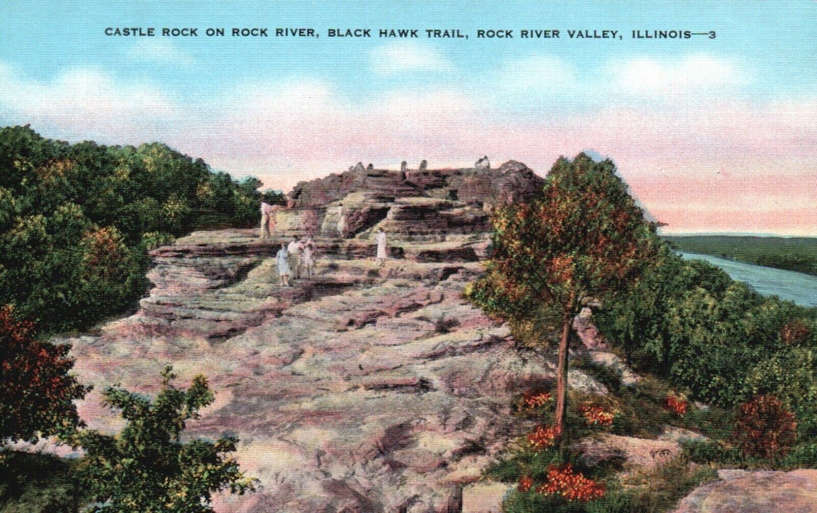 Rock River Valley, IL, Castle Rock on Rock River, Linen Vintage Postcard a7243