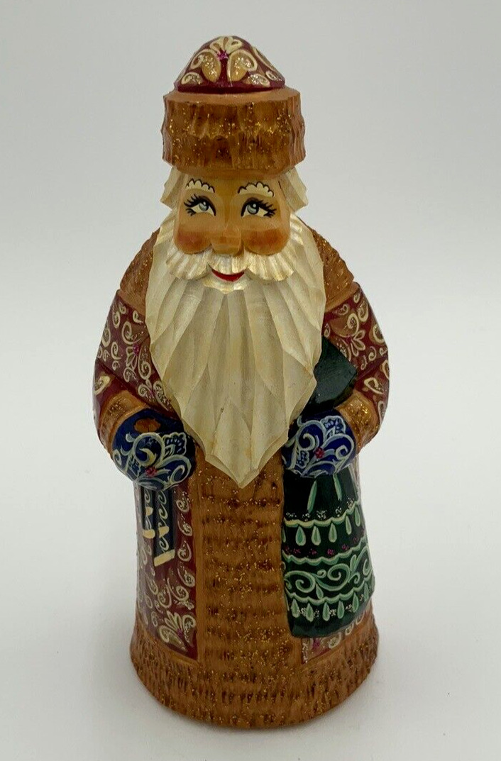 Rare Russian Wooden Santa - Hand Carved Painted & Signed