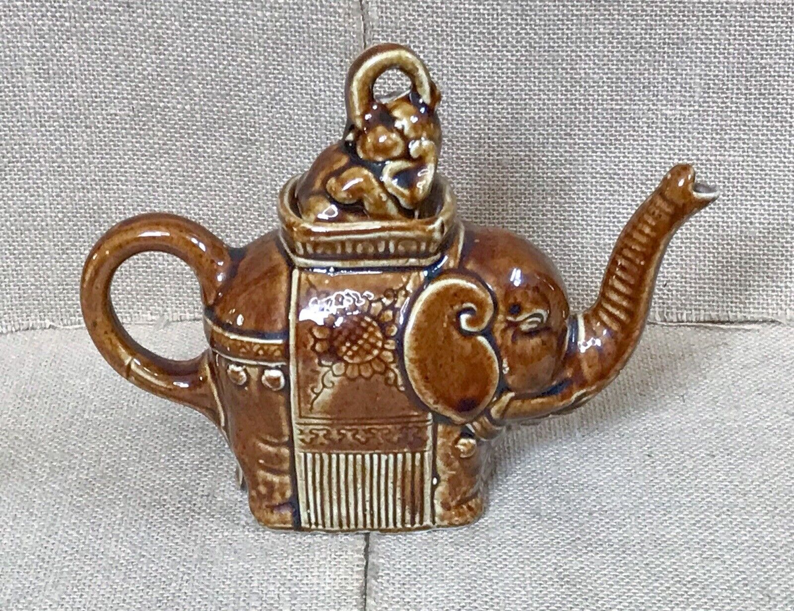 Vintage Small Satsuma Brown Porcelain Elephant Teapot Baby Calf Lid Ethnic Boho