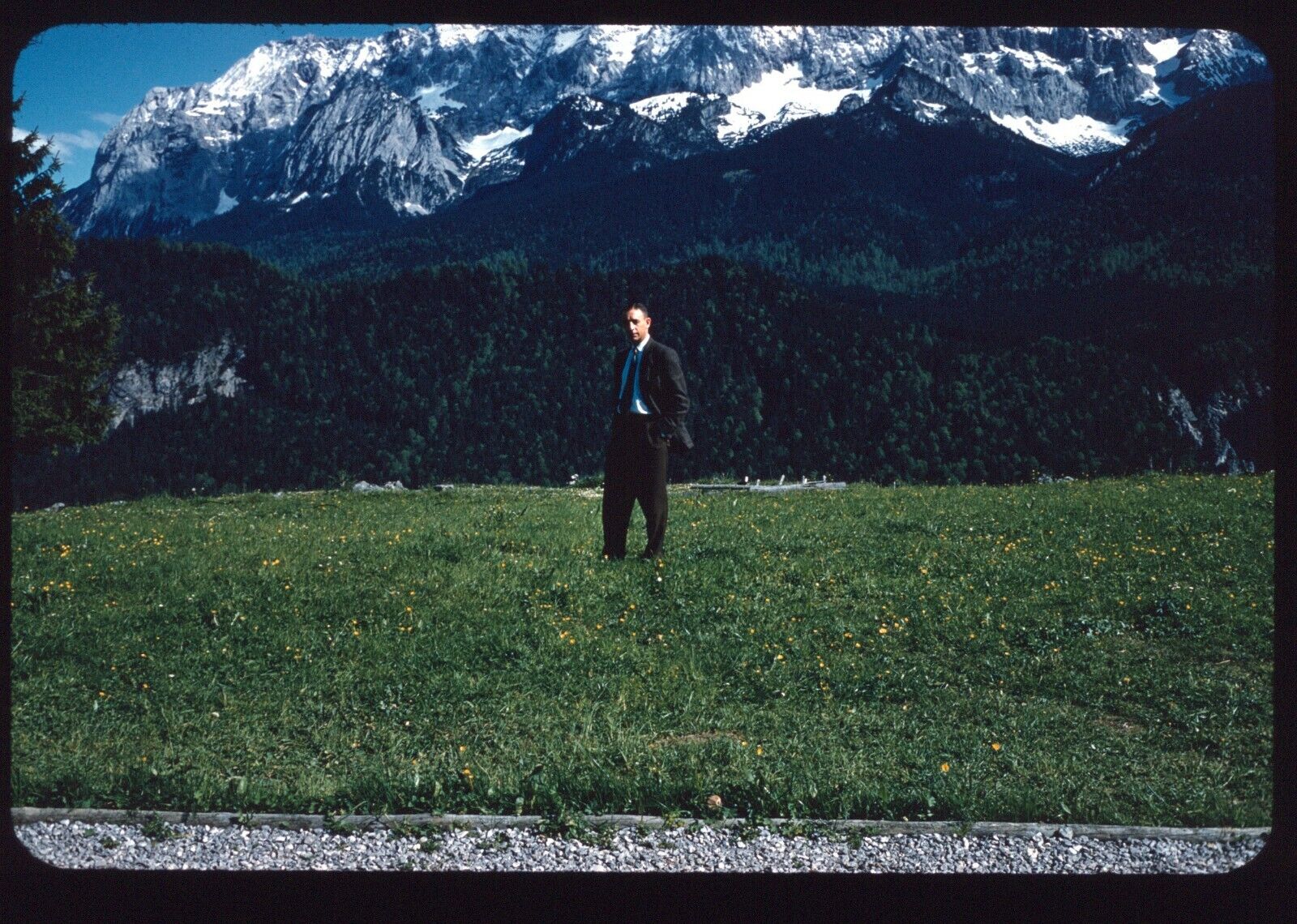 1950s Man Standing Field Mountains Alps Bavaria Germany 35mm Red Border Slide