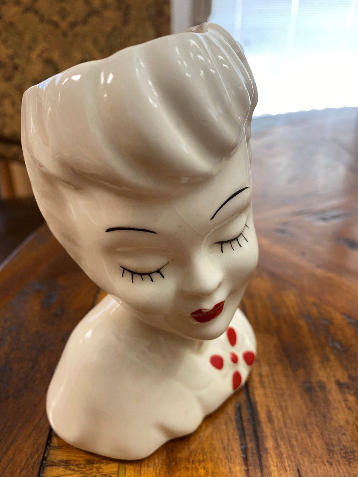 Vintage Lady Head Vase, Red Lips Red Dot Flowers Glamour Girls Pinup Art Deco