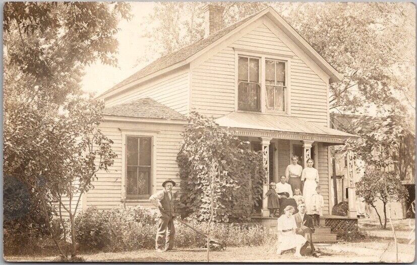1910s WATERLOO, Iowa Real Photo RPPC Postcard Family at House / Lawnmower
