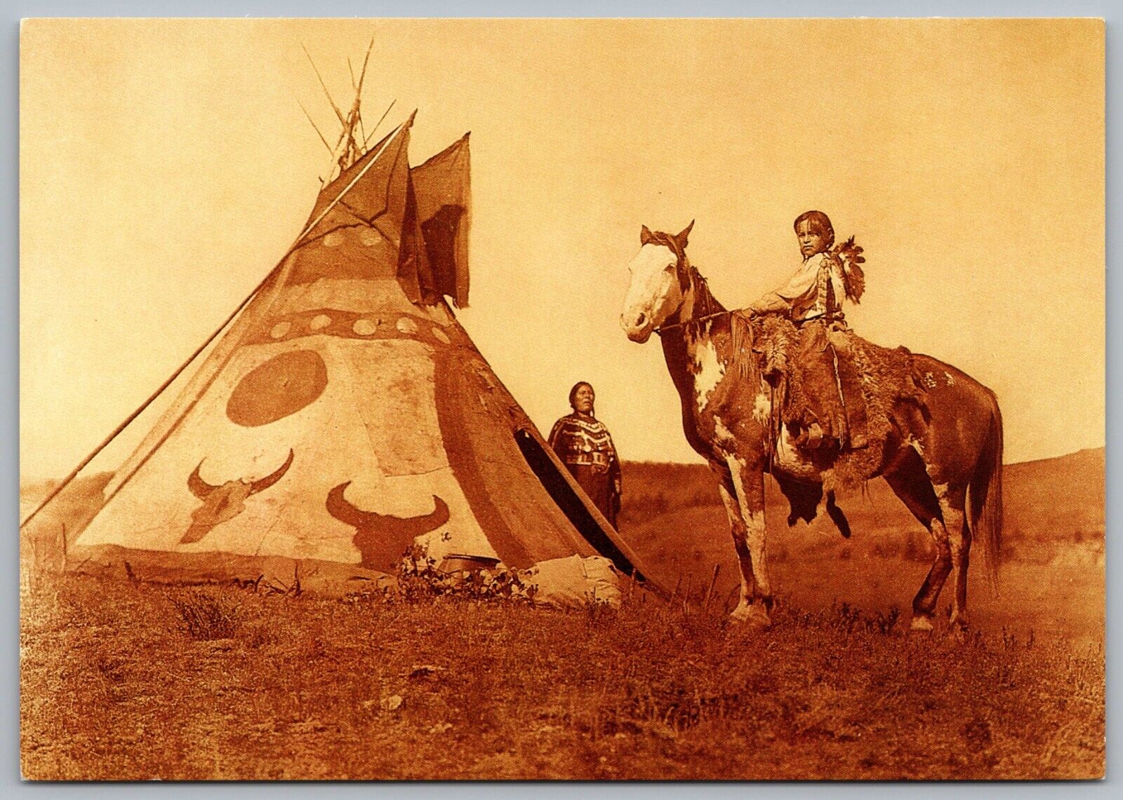 Painted Tipi Assiniboine Indian Child Sitting Horse Woman Bull Vtg Postcard C5