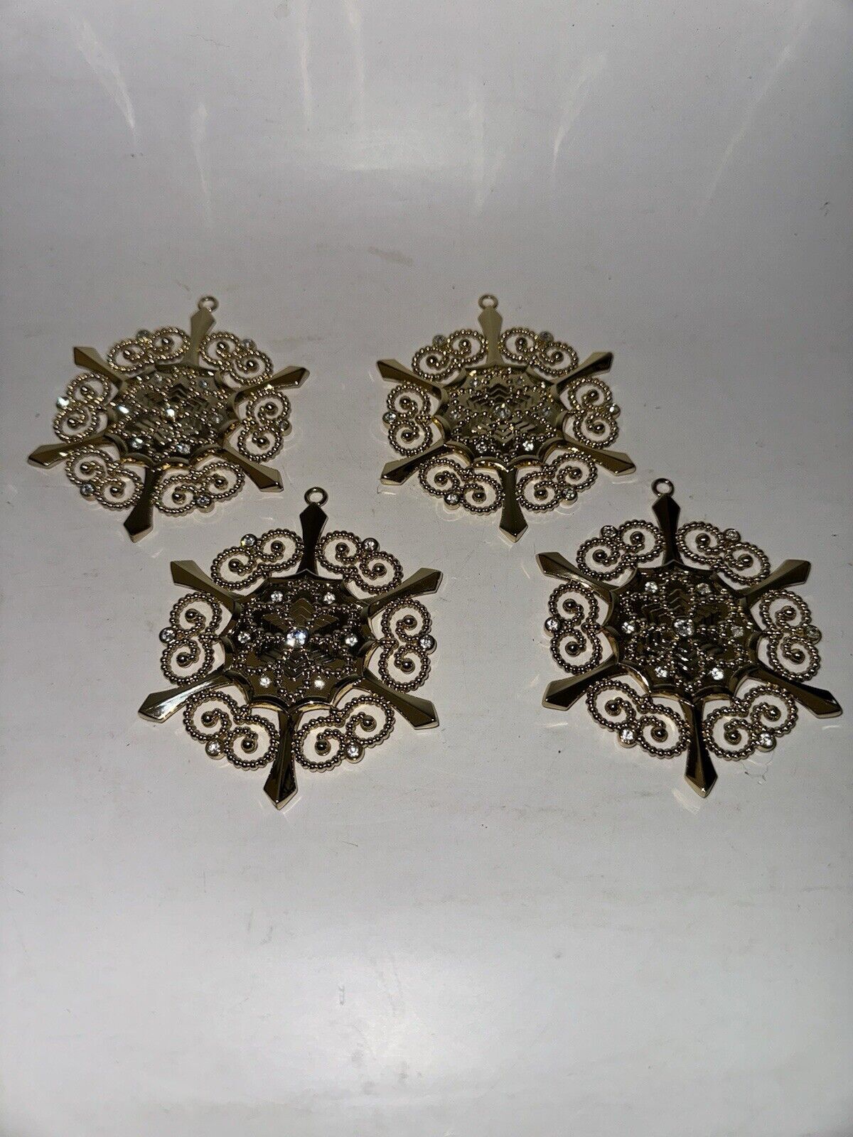 Set of 4 LENOX Gold Metal SNOWFLAKE Ornaments with Rhinestones