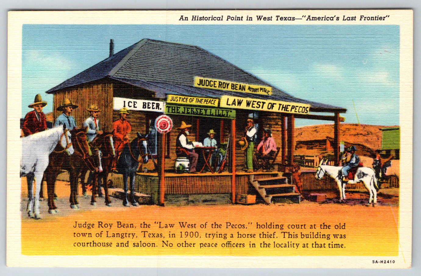 c1940s Judge Roy Bean Langtry Texas Historical Postcard Law West Pecos Linen
