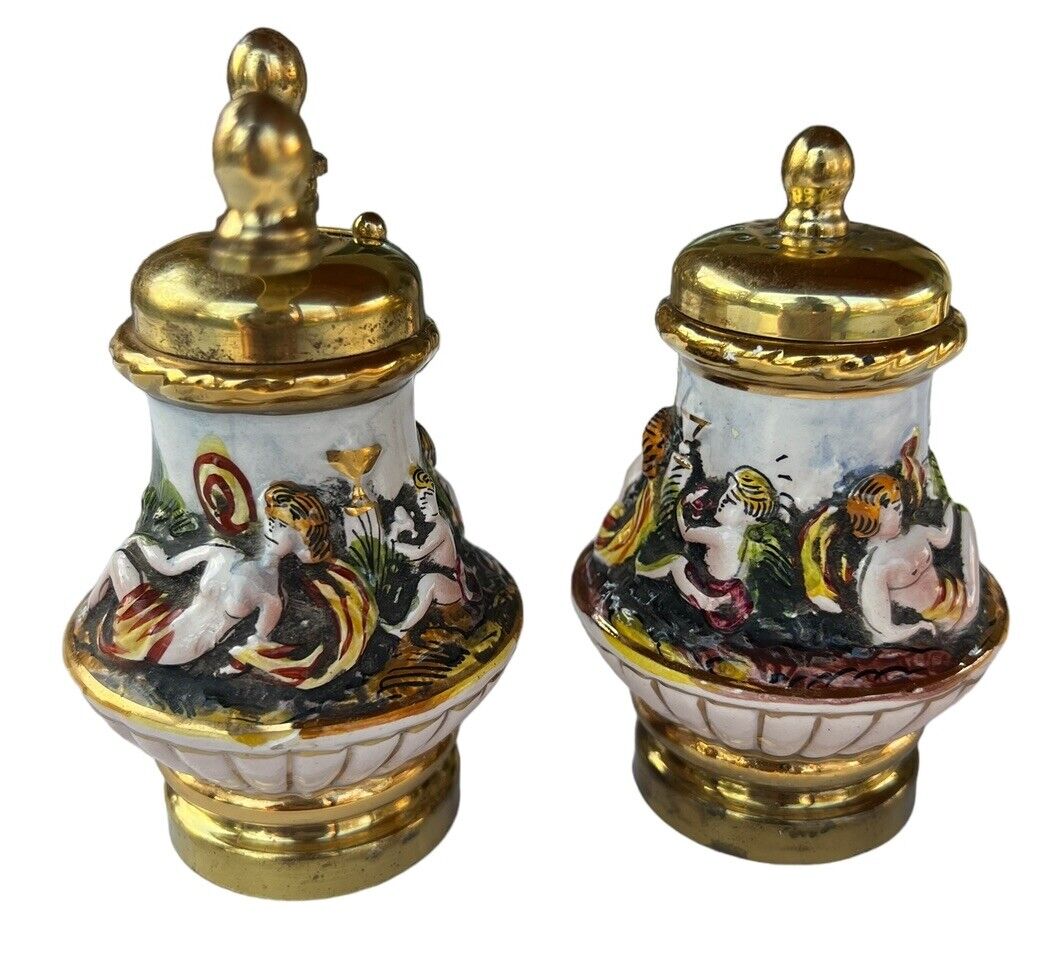 Capodimonte Salt Shaker and Pepper Mill Embossed Cherub Vintage Made in Italy