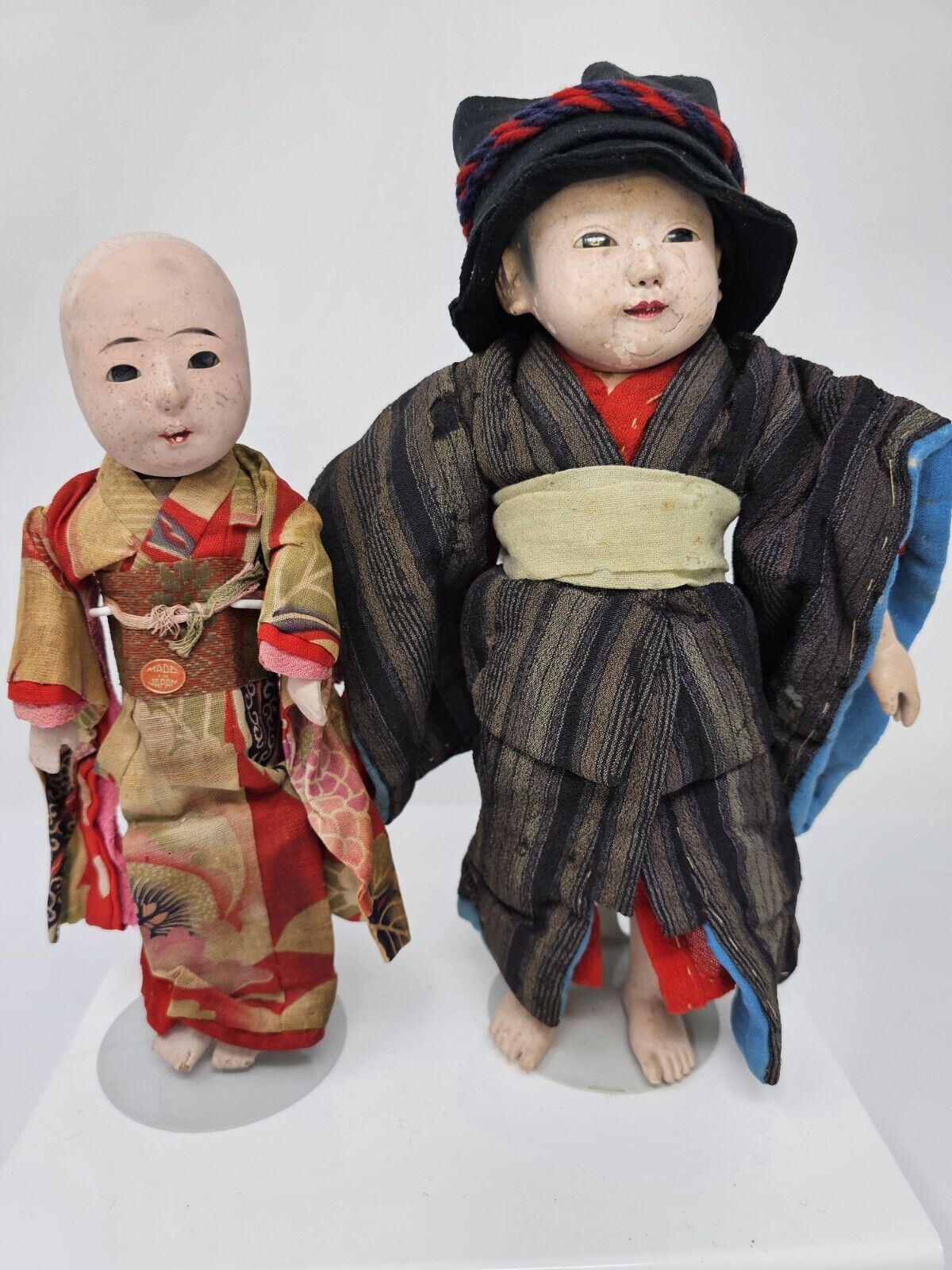 Antique Ichimatsu Japanese Kimono Child Dolls, Big Ears, Paper Mache, Glass Eyes