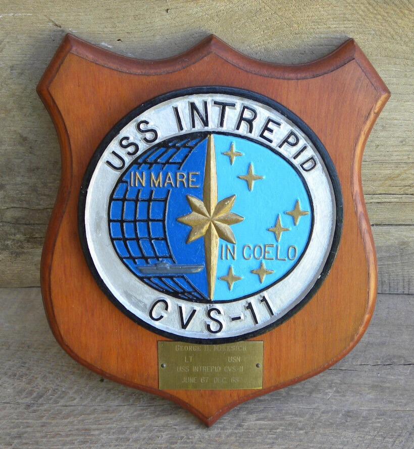 Vtg U.S. Navy USS Intrepid CVS-11 Ceramic? / Wood Wall Hanging Plaque, 12\